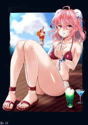 Rule 34 | 1girl, ahoge, alternate costume, armpit crease, bandaged arm, bandages, bare shoulders, bikini, blue sky, blush, breasts, chain, cleavage, cloud, cocktail, cocktail glass, collarbone, commentary request, cuffs, cup, double bun, drinking glass, drinking straw, feet, food, full body, hair between eyes, hair bun, highres, ibaraki kasen, ice cream, looking at viewer, medium breasts, pink eyes, pink hair, red bikini, red footwear, sandals, shackles, shiny skin, short hair, sidelocks, sitting, sky, solo, swimsuit, takeguchi kouhei, thighs, toenails, touhou, utensil in mouth, wooden floor