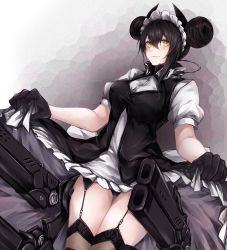 Rule 34 | 1girl, agent (girls&#039; frontline), black hair, black thighhighs, breasts, clothes lift, commission, double bun, dress, dress lift, garter straps, girls&#039; frontline, hair bun, highres, marche mk14, medium breasts, medium hair, sangvis ferri, simple background, skeb commission, smile, solo, thighhighs, yellow eyes