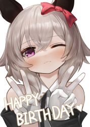 Rule 34 | 1girl, ;), animal ears, bare shoulders, black jacket, blush, bow, brown hair, closed mouth, collared dress, commentary request, curren chan (umamusume), dokomon, double v, dress, ear bow, gloves, hair between eyes, hands up, happy birthday, head tilt, highres, horse ears, jacket, korean commentary, long sleeves, looking at viewer, off-shoulder jacket, off shoulder, one eye closed, purple eyes, red bow, simple background, sleeveless, sleeveless dress, smile, solo, striped clothes, striped dress, umamusume, upper body, v, vertical-striped clothes, vertical-striped dress, white background, white gloves
