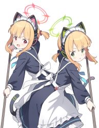 Rule 34 | 2girls, animal ear headphones, animal ears, apron, blonde hair, blue archive, broom, cat ear headphones, commentary, fake animal ears, green eyes, headphones, highres, holding, holding broom, kanzaki hiro, maid, maid apron, midori (blue archive), midori (maid) (blue archive), momoi (blue archive), momoi (maid) (blue archive), multiple girls, official alternate costume, open mouth, red eyes, short hair, siblings, simple background, sisters, twins, white background