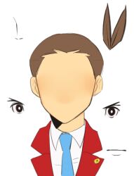 Rule 34 | 1boy, ace attorney, anatomical nonsense, apollo justice, black eyes, blue necktie, brown hair, closed mouth, collared shirt, cropped shoulders, forked eyebrows, fukuwarai, kaburiburi, lapel pin, lapels, looking at viewer, male focus, necktie, portrait, shirt, short hair, simple background, solo, transparent background, white shirt