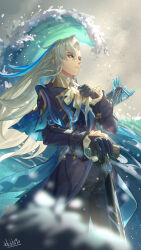 Rule 34 | 1boy, artist name, ascot, asymmetrical hair, black gloves, blue capelet, blue coat, blue gemstone, blue hair, book, brooch, cane, capelet, closed mouth, coat, floating, floating book, floating hair, floating object, gem, genshin impact, gloves, hebbtia, highres, holding, holding cane, jewelry, long hair, long sleeves, male focus, multicolored hair, neuvillette (genshin impact), ocean, purple eyes, signature, sleeve cuffs, solo, water, waves, white ascot, white hair