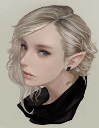 Rule 34 | 1girl, blonde hair, blue eyes, earrings, elf, frostce, highres, jewelry, lips, looking to the side, parted lips, pointy ears, portrait, short hair, solo
