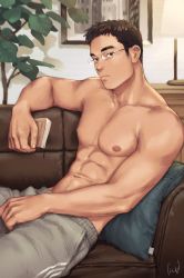Rule 34 | 1boy, abs, bara, brown hair, closed mouth, commentary, gentle2nd, glasses, large pectorals, looking at viewer, male focus, mature male, muscular, muscular male, navel, nipples, original, pectorals, short hair, solo, stomach, topless male