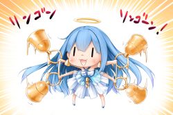 Rule 34 | 1girl, :3, :d, bare shoulders, bell, bellringer angel, blue footwear, blue hair, blush, chibi, dress, halo, highres, holding, jewelry, leaning forward, long hair, looking at viewer, moegi nenene, open mouth, outstretched arms, shadowverse, shoes, sleeveless, sleeveless dress, smile, solo, waving arms, white dress, | |