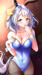 1girl absurdres blush breasts cleavage collarbone commentary_request covered_navel grey_eyes grey_hair hair_between_eyes hair_ornament headband highres hishi_miracle_(umamusume) horse_girl horse_tail kakikakilemon leotard looking_at_viewer medium_breasts open_mouth pantyhose playboy_bunny simple_background solo tail umamusume