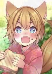 Rule 34 | + +, 1girl, animal ears, blue eyes, blurry, blurry background, blush, brown hair, commentary, fangs, food, food on face, highres, holding, holding food, japanese clothes, kimono, looking at viewer, milestone celebration, nose blush, obi, open mouth, original, sandwich, sash, short hair, solo, tail, toru nagase