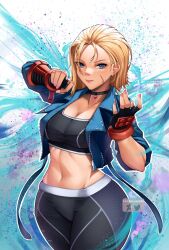 Rule 34 | 1girl, abs, black pants, black sports bra, blonde hair, blue eyes, blue jacket, breasts, cammy white, cleavage, cropped legs, fighting stance, flexing, gloves, hands up, jacket, large breasts, looking at viewer, luxpineapple, midriff, navel, pants, red gloves, solo, sports bra, stomach, street fighter, street fighter 6, twitter username