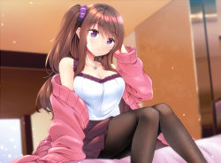 Rule 34 | bare shoulders, bed, black pantyhose, breasts, brown hair, cleavage, clothes lift, eyebrows, hair between eyes, hair ornament, hand in own hair, hand on own head, heart, heart necklace, highres, indoors, jewelry, kameburning, large breasts, long hair, necklace, necktie, on bed, original, pantyhose, ponytail, ponytail holder, purple eyes, shirt, side ponytail, sitting, skirt, skirt lift, solo, sweater, white shirt, window