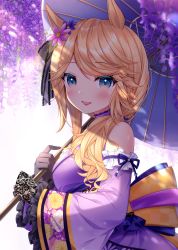 Rule 34 | 1girl, :d, animal ears, asymmetrical gloves, black gloves, blonde hair, blue eyes, blush, breasts, commentary request, detached sleeves, flower, frilled sleeves, frills, gloves, gold city (akizakura danzatrice) (umamusume), gold city (umamusume), hair flower, hair ornament, haruhitooo, highres, holding, holding umbrella, horse ears, japanese clothes, kimono, long hair, long sleeves, looking at viewer, medium breasts, mismatched gloves, oil-paper umbrella, open mouth, pink flower, purple flower, purple kimono, purple sleeves, purple umbrella, sleeveless, sleeveless kimono, smile, solo, umamusume, umbrella, wide sleeves, wisteria