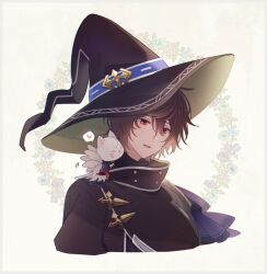 Rule 34 | 1boy, 1other, :d, alternate costume, animal, animal on shoulder, animalization, black coat, black hat, brown hair, cat, cat on shoulder, cat tail, chibi, coat, commentary request, cropped shoulders, feathered wings, floral background, frills, granblue fantasy, hair between eyes, hat, heart, looking at another, lucifer (shingeki no bahamut), male focus, messy hair, motion lines, multiple wings, nuzzle, open mouth, red eyes, sandalphon (granblue fantasy), smile, speech bubble, spoken heart, tail, turtleneck, white wings, wings, witch hat, yori (y rsy)