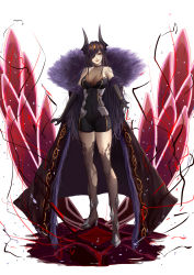 Rule 34 | 1girl, black gloves, black hair, black legwear, breasts, brown eyes, choker, cleavage, covered navel, elbow gloves, fishnet fabric, full body, gloves, hair ornament, hair over one eye, high heels, highres, horns, large breasts, long hair, looking at viewer, standing, tattoo, torn clothes, torn legwear, very long hair, white background, zhi wozi