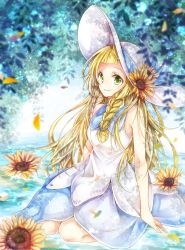 Rule 34 | 1girl, bare shoulders, blonde hair, blunt bangs, braid, breasts, closed mouth, commentary, creatures (company), dress, falling petals, flower, game freak, green eyes, hair flower, hair ornament, hat, hat flower, highres, lillie (pokemon), long hair, looking at viewer, nintendo, petals, petals on liquid, pokemon, pokemon sm, seiza, sitting, sleeveless, small breasts, smile, solo, sun hat, sundress, sunflower, twin braids, white dress, white hat, yomogi (black-elf)
