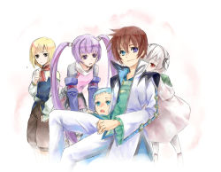 Rule 34 | 1girl, 3boys, aged down, asbel lhant, blonde hair, blue eyes, blue hair, brothers, heterochromia, hubert ozwell, ishizue ei, lambda, lambda (tales), multiple boys, purple eyes, purple hair, richard (tales), siblings, sophie (tales), spoilers, tales of (series), tales of graces, time paradox, twintails, white background, white hair, yomoyama