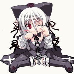 Rule 34 | 00s, animal ears, animated, animated gif, blush, boots, bow, cat ears, doll, dress, gothic lolita, knee boots, kneehighs, lolita fashion, long hair, lowres, mercury lampe, red eyes, rozen maiden, socks, suigintou, white hair