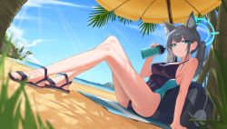 Rule 34 | 1girl, absurdres, animal ear fluff, animal ears, arm support, bag, bare arms, bare legs, bare shoulders, beach towel, beach umbrella, blue archive, blue eyes, bottle, breasts, cat ears, closed mouth, cloud, competition swimsuit, covered navel, full body, grey hair, hair ornament, highres, holding, holding bottle, jaws (okdol0928), knees up, long hair, looking at viewer, medium breasts, mismatched pupils, one-piece swimsuit, outdoors, palm tree, ponytail, sand, sandals, school bag, shiroko (blue archive), shiroko (swimsuit) (blue archive), sideboob, sitting, solo, sunlight, swimsuit, thighs, towel, tree, umbrella, water, water bottle, x hair ornament