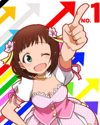 Rule 34 | 1girl, amami haruka, breasts, brown hair, choker, cleavage, from above, green eyes, hand on own hip, idolmaster, idolmaster (classic), kidachi, one eye closed, open mouth, pointing, short hair, solo, unmoving pattern, wink