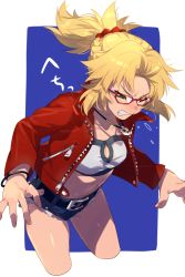 Rule 34 | 1girl, bandeau, belt, blonde hair, blue shorts, braid, breasts, clenched teeth, cutoffs, denim, denim shorts, echo (circa), fate/apocrypha, fate/grand order, fate (series), female focus, glasses, green eyes, half up braid, jacket, jewelry, long hair, long sleeves, looking at viewer, mordred (fate), mordred (fate/apocrypha), mordred (memories at trifas) (fate), navel, necklace, one eye closed, open clothes, open jacket, parted bangs, ponytail, red jacket, short shorts, shorts, sidelocks, small breasts, sneezing, solo, teeth, thighs