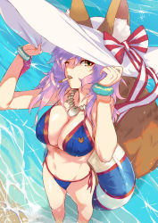 Rule 34 | 10s, 1girl, animal ear fluff, animal ears, beach, bell, bikini, blue bikini, breasts, cleavage, collar, commentary request, day, ears through headwear, fate/extra, fate/grand order, fate (series), food, food in mouth, fox ears, fox tail, from above, hat, highres, innertube, large breasts, neck bell, ohland, pink hair, popsicle, side-tie bikini bottom, solo, standing, sun hat, swim ring, swimsuit, tail, tamamo (fate), tamamo no mae (fate/extra), tamamo no mae (swimsuit lancer) (fate), tamamo no mae (swimsuit lancer) (third ascension) (fate), wading, water, waves, yellow eyes