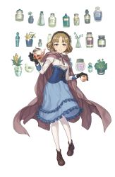 Rule 34 | 1girl, black gloves, blouse, blue dress, blue eyes, bottle, brown cape, brown footwear, brown hair, cape, cup, daffodil, dress, flower, frilled dress, frills, full body, gloves, hairband, highres, holding, holding cup, lily of the valley, looking at viewer, maria florence, medium hair, official art, pantyhose, parted bangs, plant, potted plant, princess principal, princess principal game of mission, shirt, shoes, solo, tea, teacup, teapot, transparent background, vase, white pantyhose, white shirt