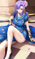 Rule 34 | 1girl, absurdres, arm up, bare legs, black footwear, blue dress, bracelet, bracer, closed mouth, commentary, commission, dress, earrings, fate/grand order, fate (series), feet out of frame, flower, hair flower, hair ornament, hand on floor, high heels, highres, jewelry, legs, light blush, long hair, looking at viewer, manjirou (manji illust), matou sakura, necklace, on floor, parvati (fate), pixiv commission, purple eyes, purple hair, sidelocks, smile, solo, thighs