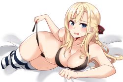 Rule 34 | 1girl, bad id, bad pixiv id, bare arms, bare shoulders, bed sheet, bikini, black bow, blonde hair, blue eyes, blush, bow, braid, breasts, cleavage, commentary request, full body, hair between eyes, hair bow, high school fleet, highres, kapatarou, large breasts, long hair, looking at viewer, lying, no shoes, on side, open mouth, side-tie bikini bottom, side braid, single braid, solo, striped clothes, striped thighhighs, swimsuit, thighhighs, untied bikini, very long hair, wilhelmina braunschweig ingenohl friedeburg
