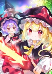 Rule 34 | 2girls, alternate costume, architecture, ascot, bad id, bad twitter id, bat wings, black headwear, blonde hair, blush, bow, brooch, capelet, closed mouth, commentary request, crystal, diffraction spikes, dress, dutch angle, fang, fangs, finger to mouth, flaming sword, flaming weapon, flandre scarlet, glint, hair between eyes, hat, hat bow, heart, heart-shaped pupils, highres, holding, holding sword, holding weapon, index finger raised, jewelry, lens flare, long sleeves, multiple girls, open mouth, outstretched arm, pafe yuzuran, pointy ears, puffy sleeves, purple hair, red ascot, red bow, red dress, red eyes, remilia scarlet, short hair, sky, smile, sparkling eyes, sword, symbol-shaped pupils, touhou, tree, v-shaped eyebrows, weapon, wings, witch hat, yellow ascot