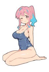 Rule 34 | 1girl, ;), absurdres, arms behind back, bare arms, bare legs, bare shoulders, barefoot, blue hair, blue one-piece swimsuit, blush, breasts, commentary, dot nose, full body, hair ornament, hair scrunchie, highres, hozuki kaede, karubi (karubi465558), large breasts, long sleeves, looking at viewer, multicolored hair, one-piece swimsuit, one eye closed, onii-chan wa oshimai!, pink hair, red eyes, scrunchie, seiza, short ponytail, sidelocks, simple background, sitting, smile, solo, swimsuit, two-tone hair, white background, yellow scrunchie
