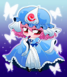 Rule 34 | 1girl, blush, bow, bug, butterfly, chibi, folding fan, frilled bow, frills, gradient background, hand fan, hat, insect, japanese clothes, mob cap, pink eyes, pink hair, ribbon, saigyouji yuyuko, short hair, sleeves past wrists, smile, solo, touhou, triangular headpiece, wide sleeves