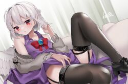 Rule 34 | 1girl, :o, artist name, bare shoulders, black footwear, black thighhighs, blue gemstone, bow, bowtie, brooch, cardigan, collared dress, commentary request, dress, feathered wings, foot out of frame, garter straps, gem, grey cardigan, hand up, jewelry, kishin sagume, knee up, long sleeves, looking at viewer, medium hair, off shoulder, open cardigan, open clothes, open mouth, pillow, purple dress, purple nails, red bow, red bowtie, red eyes, revision, sakaki (utigi), single wing, sleeveless, sleeveless dress, solo, thighhighs, touhou, white hair, wings