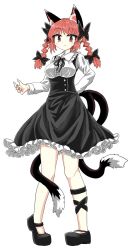 Rule 34 | 1girl, alternate costume, animal ears, bare legs, black bow, black dress, black footwear, black neckwear, black ribbon, bow, braid, cat ears, chups, dress, extra ears, frilled dress, frills, highres, kaenbyou rin, long sleeves, looking at viewer, multiple tails, nail polish, red eyes, red hair, red nails, ribbon, solo, tail, touhou, twin braids, two tails, white background, white frills, white sleeves