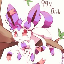 Rule 34 | alternate color, artist name, bow, branch, commentary, creatures (company), english commentary, game freak, gen 6 pokemon, hanging on tree, in tree, looking to the side, nintendo, no humans, pokemon, pokemon (creature), purple eyes, purpleninfy, ribbon, simple background, smile, sylveon, tree, white background