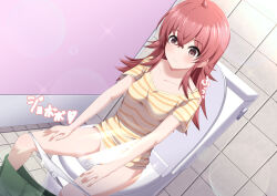 Rule 34 | 1girl, ass, censored, clothes pull, hands on lap, himematsu, idolmaster, komiya kaho, long hair, panties, pants, pants pull, panty pull, peeing, pussy, red eyes, red hair, shirt, sitting, striped clothes, striped shirt, toilet, toilet use, underwear