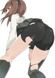 Rule 34 | 10s, 1girl, akiha (attract), ass, bad id, bad twitter id, bike shorts, brown eyes, brown hair, female focus, from behind, headgear, kantai collection, kskasutera, long hair, looking back, simple background, skirt, solo, taihou (kancolle), torn bike shorts, torn clothes, white background