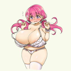 Rule 34 | 1girl, areola slip, blush, bra, breasts, curvy, huge breasts, long hair, open mouth, original, panties, pas (paxiti), pink hair, plump, purple eyes, solo, standing, thick thighs, thighhighs, thighs, twintails, underwear, wardrobe malfunction, wide hips