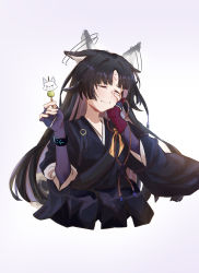 Rule 34 | 1girl, absurdres, animal ears, arknights, beads, black hair, black kimono, blush, closed eyes, commentary, cropped torso, dog ears, ear wiggle, facial mark, fingerless gloves, food, forehead mark, gloves, gradient background, hand on own cheek, hand on own face, hands up, highres, holding, holding food, infection monitor (arknights), japanese clothes, kimono, long hair, long sleeves, prayer beads, purple background, saga (arknights), smile, solo, upper body, white background, yukikitsune kuutachibana
