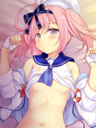 Rule 34 | 1girl, ahoge, azur lane, bare shoulders, bed sheet, beret, blush, breasts, clothes lift, commentary request, fingerless gloves, gloves, hair between eyes, hair ribbon, hat, lifebuoy, looking at viewer, lying, navel, neckerchief, on back, open clothes, open vest, pink hair, purple eyes, ribbon, sailor collar, saratoga (azur lane), saratoga (superstar of the blue seas) (azur lane), shirt, shirt lift, sleeveless, sleeveless shirt, small breasts, solo, star (symbol), sweat, swept bangs, swim ring, vest, white shirt, yamasan