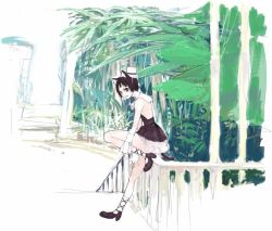 Rule 34 | 1girl, against railing, animal ears, ankle lace-up, bare shoulders, black dress, black footwear, black hair, cat ears, cat tail, closed mouth, cross-laced footwear, detached sleeves, dress, es, es (cah60700), from side, full body, green eyes, hand on own thigh, hat, kneehighs, leaning, leg up, looking at viewer, looking to the side, mini hat, nature, original, pale skin, plant, porch, railing, shoes, short hair, sketch, sleeves past wrists, smile, socks, solo, standing, standing on one leg, strapless, strapless dress, tail, tree, white hat, white socks
