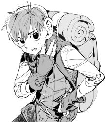 Rule 34 | 1boy, armor, backpack, bag, chilchuck tims, dungeon meshi, fingerless gloves, gloves, greyscale, hair between eyes, highres, kaing pi, korean commentary, leather armor, long sleeves, looking at viewer, male focus, monochrome, neck warmer, open mouth, shirt, simple background, solo, sweat