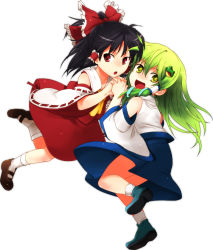 Rule 34 | 2girls, :d, :o, aged down, bad id, bad pixiv id, bare shoulders, black hair, bow, detached sleeves, female focus, frog, green eyes, green hair, hair bow, hair ornament, hakurei reimu, holding hands, japanese clothes, kochiya sanae, long hair, mary janes, miko, multiple girls, open mouth, red eyes, rex k, shoes, skirt, smile, snake, socks, touhou