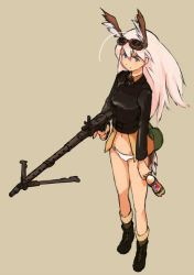 Rule 34 | 1girl, ahoge, bird tail, blonde hair, blue eyes, bottle, full body, goggles, goggles on head, gun, hanna-justina marseille, head wings, long hair, long sleeves, machine gun, mg42, military, military uniform, navel, panties, pepsi, shibafu (glock23), simple background, solo, strike witches, tail, underwear, uniform, weapon, white panties, wings, world witches series
