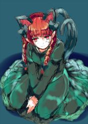 Rule 34 | 1girl, animal ears, blunt bangs, bow, braid, cat ears, dress, extra ears, from above, fumikiri (dake no hito), green dress, hair bow, highres, kaenbyou rin, long sleeves, looking at viewer, multiple tails, nekomata, pointy ears, red eyes, red hair, seiza, simple background, sitting, sketch, solo, tail, touhou, twin braids, two tails