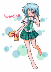 Rule 34 | 1girl, ;p, alternate costume, bare legs, barefoot, blue hair, contemporary, female focus, highres, hiyoshi (skick), necktie, one eye closed, red eyes, shoes, short hair, skirt, smile, solo, tatara kogasa, tongue, tongue out, touhou, translated, unworn shoes, wink