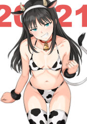 Rule 34 | 1girl, 2021, :d, angry, animal ears, animal print, bell, bikini, black hair, blush, breasts, choker, clenched hand, clenched teeth, collarbone, cow ears, cow horns, cow print, cow tail, cowboy shot, green eyes, hairband, head tilt, highleg, highleg bikini, highres, horns, invisible chair, long hair, looking at viewer, neck bell, new year, open mouth, sidelocks, simple background, sitting, small breasts, smile, solo, sweatdrop, swimsuit, tail, teeth, thighhighs, tohno akiha, trembling, tsukihime, tsurui, white background, white hairband, wristband