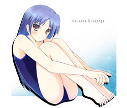 Rule 34 | 00s, 1girl, barefoot, blue one-piece swimsuit, blush, character name, fetal position, full body, idolmaster, idolmaster (classic), idolmaster 1, kisaragi chihaya, long hair, one-piece swimsuit, plantar flexion, purple hair, romaji text, solo, staccato squirrel, swimsuit