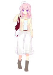 Rule 34 | 1girl, pink hair, piyodera mucha, purple eyes, simple background, solo, white background