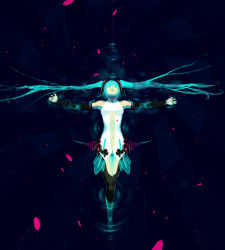 Rule 34 | 1girl, apapico, aqaqico, aqua hair, bridal gauntlets, closed eyes, female focus, gradient background, hatsune miku, hatsune miku (append), highres, long hair, navel, necktie, outstretched arms, solo, spread arms, twintails, very long hair, vocaloid, vocaloid append, water