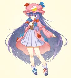 Rule 34 | 1girl, blueberry (5959), book, capelet, coat, crescent, dress, hair ribbon, hat, long hair, long sleeves, looking at viewer, mob cap, open clothes, open coat, patchouli knowledge, purple eyes, purple hair, ribbon, solo, striped clothes, striped dress, touhou, tress ribbon, very long hair, wide sleeves