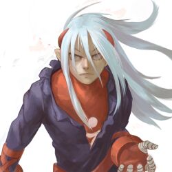Rule 34 | 1boy, breath of fire, breath of fire iv, closed mouth, fou-lu, gloves, highres, horns, long hair, looking at viewer, male focus, otno, pointy ears, simple background, solo, torn clothes, white background, white hair