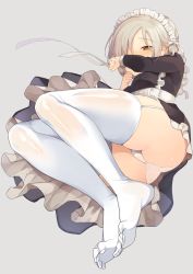 Rule 34 | 1girl, ass, azur lane, bad id, bad pixiv id, black dress, blush, brown eyes, commentary request, covered mouth, dress, feet, from below, full body, garter straps, grey background, hair over one eye, legs, light brown hair, long sleeves, looking at viewer, maid, maid headdress, no shoes, panties, sheffield (azur lane), short hair, simple background, soles, solo, thighhighs, tsuka, underwear, white panties, white thighhighs